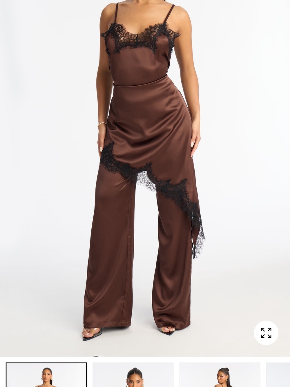 Fashion Nova Satin Lace-Trim Wide-Leg Jumpsuit in Chocolate Brown